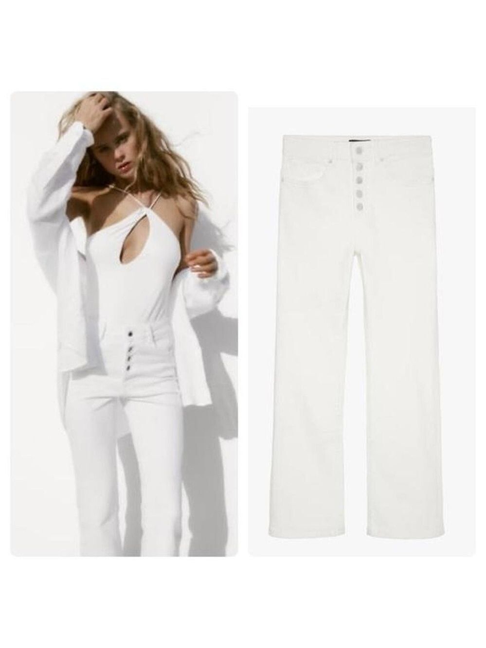 Zara Limited Edition Cropped Flare High Rise Button Fly Oyster White Jeans